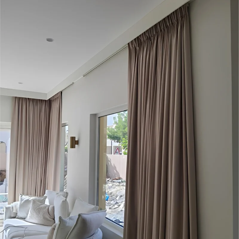 Manual Moving American Curtains with Track — Pinch-pleat elegance on a silent track — no ropes.