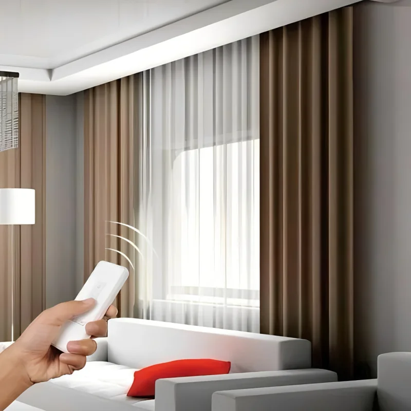 Motorized Curtains — Silent, automated curtains via remote, app, or schedule.
