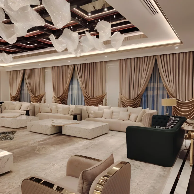 Arabic Style Curtains — Layered, ornate curtains for majlis and formal salons.